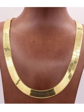 Gold 11mm Herringbone Collar Necklace Wide Statement Chain Modern Luxury 20”
